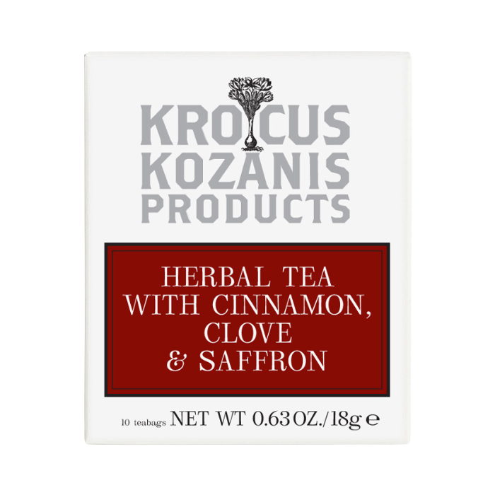 Krocus Kozanis saffraan thee met kaneel en kruidnagel, 10 zakjes Krocus Kozanis saffraan thee met kaneel en kruidnagel, 10 zakjes